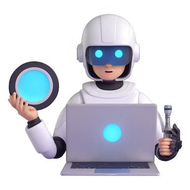 futuristic tech boy with robot helmet, glowing white circle, high-tech laptop, neon cyberpunk room, holographic displays, focused, mysterious sticker