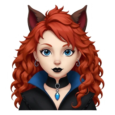  long curly red hair (darker), red pointed ears with black trim, black goth outfits, body and face human, blue eyes, more pointy chin, black lipstick, one big fluffy red squirrel tail with black tips, like the attached photo with more outfits and poses,  sticker