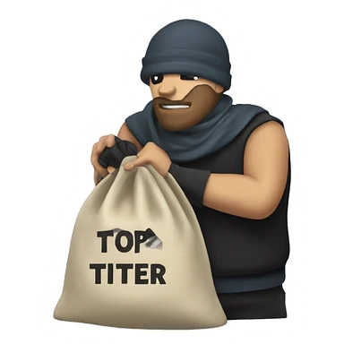 Thief stealing a bag of money that has the word Toptier embroidered on it sticker