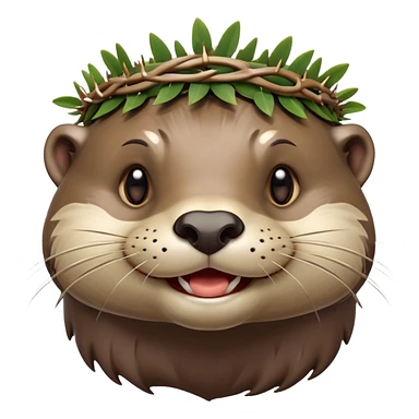 anthropomorphic smiling otter face in three-quarter profile view with simple thorny stem wrapped horizontally around its forehead like Jesus Christ's Crown of thorns, more human-like features, expressive eyes, human-like expressions, Apple emoji style, glossy finish sticker