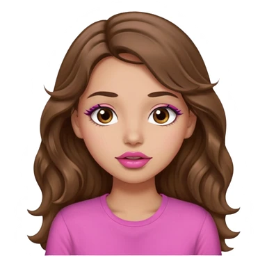 girl with long wavy brown hair, brown eyes, light to medium complexion, in a pink shirt, pink lips, long lashes, puckering up for a kiss sticker