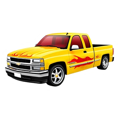 Bright yellow 1997 Chevy Silverado with custom airbrushed red flame paint job on hood extending to sides, exactly as in Kill Bill 'Pussy Wagon', 30-degree angle, iOS emoji style sticker