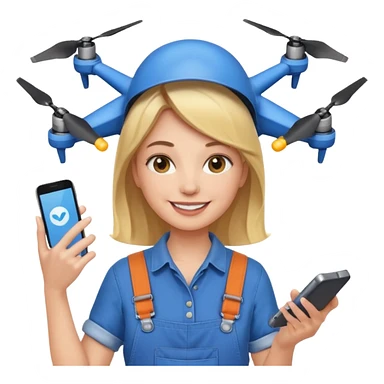 smiling woman in overalls holding a phone with a drone hovering behind her, emoji style sticker