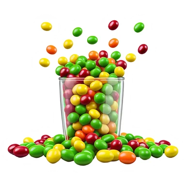 minimalist colorful Skittles candy pack with green candies spilling out sticker
