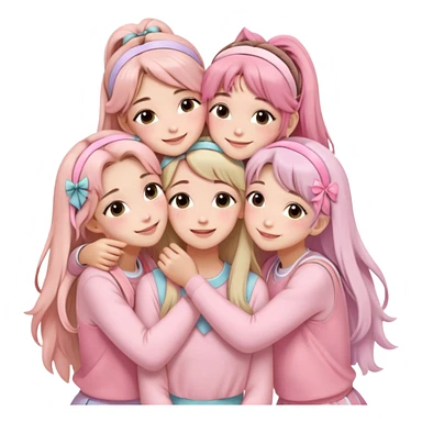 Four girls hugging each other, all wearing soft pink clothes, two with long hair and two with shoulder-length short hair, smiling, with hair accessories like headbands or ribbons, pastel color palette, soft shading, make someone pose with two fingers and someone kisses his cheek sticker