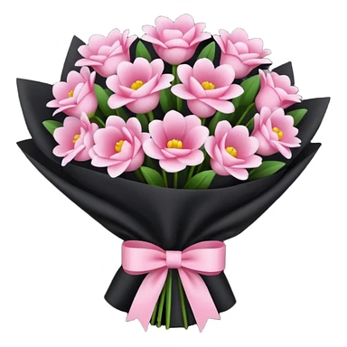 Create a baby pink and dark pink flowers bouquet with black wrap paper and with white bow sticker