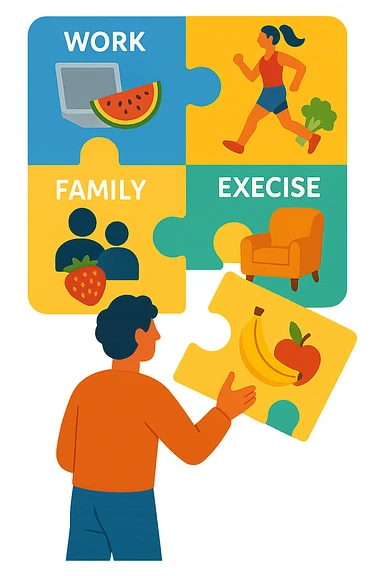 a person is surrounded by puzzle pieces, each representing a different aspect of their life (work, exercise, family, leisure), and healthy foods are integrated into each piece. The person assembles the puzzle, creating a complete, personalized nutrition plan. The mood is uplifting and creative. sticker