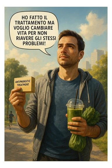 A realistic, cinematic illustration of a man in his early 30s with a determined and hopeful expression, standing outside under a bright morning sky, holding a small box labeled 'Antiparasitic Treatment' in one hand, while in the other hand he holds a fresh green smoothie or a bag of vegetables. A speech bubble near him says: ‘Ho fatto il trattamento ma voglio cambiare vita per non riavere gli stessi problemi!’ The man is wearing casual but clean and sporty clothing, symbolizing a fresh start, with the background showing a city park with green trees, morning light, and people jogging, indicating a healthy lifestyle. The atmosphere is bright, uplifting, and motivating, clearly illustrating the transition from treatment to lifestyle change to prevent future health issues. The style is realistic with warm tones, showing positive energy and commitment to change in italiano sticker