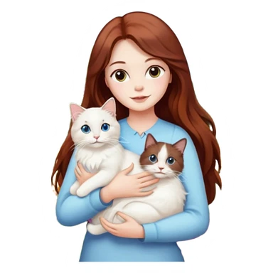 A woman with long dark auburn hair holding a white ragdoll cat in the garden of flowers sticker