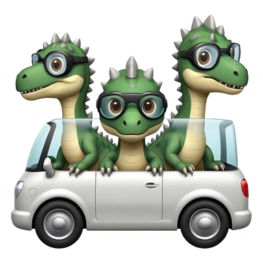 Tres dinosaurios bebés grises subidos en un carro tecnológico blanco con lentes de realidad virtual sticker