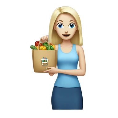 white woman, blue eyes, buying shopping sticker