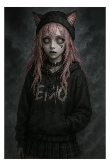 realistic anime catgirl with pink hair, emo streetwear, heart tattoo under left eye, dark magical accessory, sparkles, stormy background, ghostly horror expression with pale face, hollow eyes, faint mist sticker