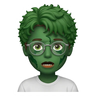 crie a imagem de um garoto com estilo memoji de iOS de pele esverdeada com machucados abertos na boca , cabelos cacheados castanhos e oculos. sticker