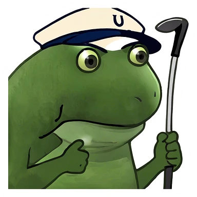 Bufo playing golf with a golf club and a golf hat sticker