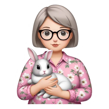 ผู้หญิงผมสั้น ตัวอ้วน ใส่แว่น ใส่เสื้อลายดอกไม้สีชมพู อุ้มกระต่ายสีขาวเทา1 ตัว กับสีขาวดำ1ตัว  sticker