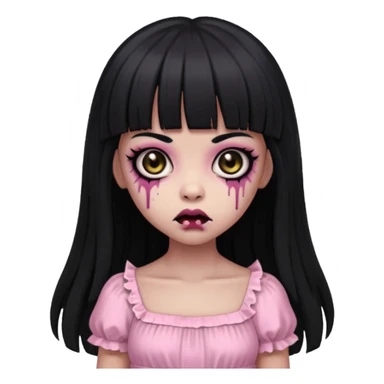 light-skinned Black zombie girl with black eyes, long black hair with bangs, wearing a light pink dress sticker