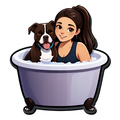 Beautiful young girl just slightly overweight with long dark choppy hair cascading over her shoulders holding her black iPhone with her medium brown dog with an under bath. It looks like a pitbull laying beside her. sticker