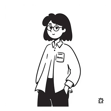 Asian girl with glasses, white shirt, work tag with her Asian young male boss's name, simple line drawing style sticker