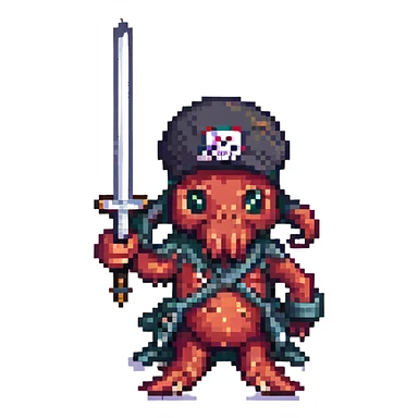 pixel art octopus pirate holding a tiny sword sticker