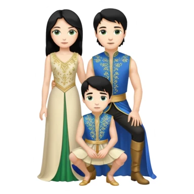 prince, standing upright, black Hair, blue eyes, garment,  woman, bending knee, white sleveless dress, blonde hair, green eyes, sticker