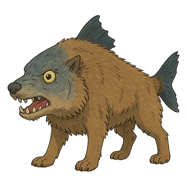 piranha with fur and wolf-like snout, standing on four legs sticker
