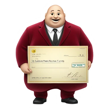 fat guy in dark red velvet suit holding cheque sticker