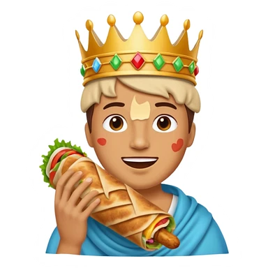 half-body person eating a big tasty kebab wrap, wearing a crown, happy and relaxed, simple colorful playful emoji style sticker