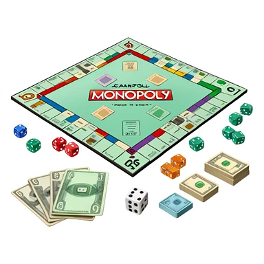 A photorealistic icon featuring a Monopoly board with property spaces, colorful game tokens, dice, and stacks of money. The design includes detailed textures of the board, cards, and tokens, capturing the essence of the Monopoly game. Transparent background, symbolizing Monopoly and board games. sticker