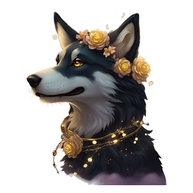 Black iridescent fluffy dog fox head zombie skeleton gold mechanical nebula galaxy stars flowers fairy lights vintage sticker