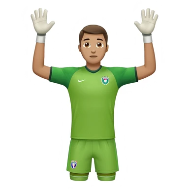 goalkeeper, standing, wearing a green shirt, shorts, socks and football boots, with arms raised sticker