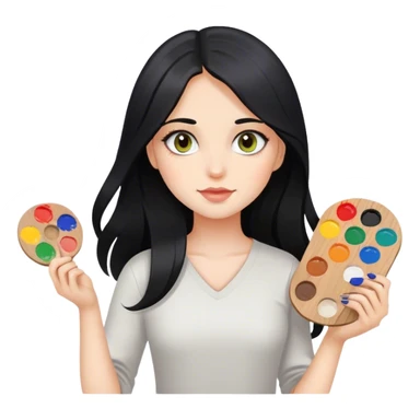 A girl with long black hair and hazel eyes holding a paint palette  sticker