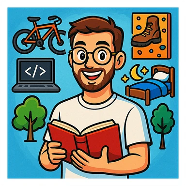 vibrant-toon style young man with light skin, short brown hair, neatly trimmed beard, round gold-rimmed glasses, smiling, plain white t-shirt, holding open red book at chest level, surrounded by hobby icons: orange mountain bike, gray laptop with code, brown hiking boot, climbing wall, bed with blue blanket and moon-and-stars, green tree sticker