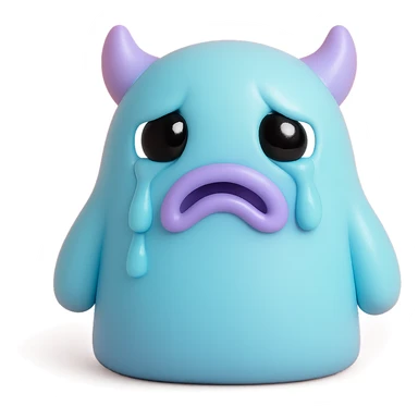 monster with big teary eyes, drooping mouth, tears streaming down its face, soft blue and purple colors, toy-like vinyl figure style sticker