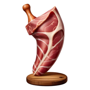 ​Cinematic Realistic Spanish Jamón Leg, depicted as a massive, cured leg of Jamón serrano with a deep reddish-brown hue, intricately marbled and slightly glossy with age, elegantly displayed on a rustic wooden stand and bathed in warm, soft lighting that accentuates its artisanal heritage, sticker