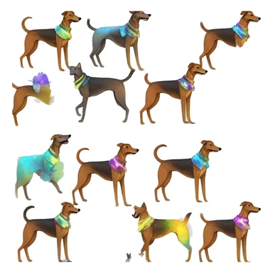  brindle brown black maroon gold lurcher Alsatian fox running blue eyes and iridescent holographic oilslick harness wearing paper iridescent tropical flower crown yellow caution tape sticker