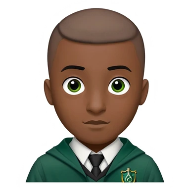 louis cordice is Blaise Zabini in harry potter, wear hogwarts slytherin uniform, Buzz Cut hair, black skin, long face sticker