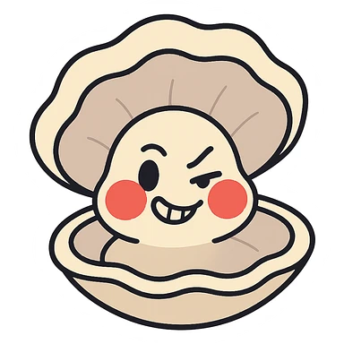 Create a cute oyster with a winking and malicious expression, very red cheeks, inspired by the reference image. Use pastel toon style with cream and greige colors. Make the background transparent. sticker
