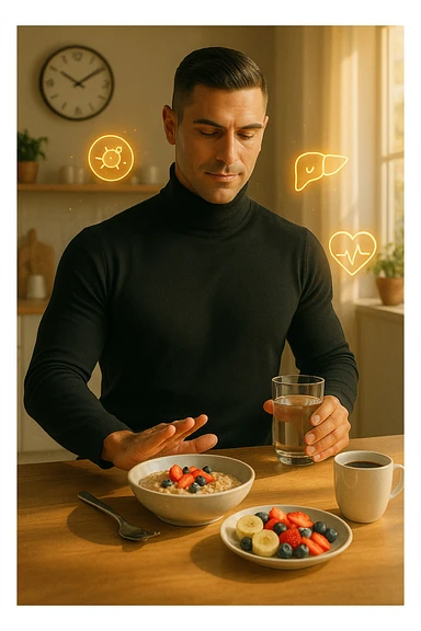 A realistic, cinematic illustration of a man in his early 30s with a fit, healthy appearance, standing in a bright kitchen in the morning. The kitchen table has a prepared but untouched healthy breakfast (oatmeal, fruit, coffee) on it, while the man, with a calm and focused expression, gently pushes the plate away with one hand while holding a glass of water in the other. A wall clock in the background shows 8:00 AM, indicating the morning fasting window, while sunlight streams in, illuminating the scene. Subtle glowing icons of a regenerating cell, a clean liver, and a heart float softly around him, symbolizing the health benefits of intermittent fasting. The atmosphere is clean, minimal, and motivating, showing that the man chooses intermittent fasting consciously for health, clarity, and energy rather than weight loss alone. The color palette is warm, with natural light and a slight film grain for depth sticker