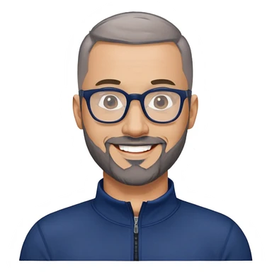 40-year-old light-skinned man with almost buzzcut haircut, short gray beard, large black-framed glasses, smiling face, wearing a navy blue zip-neck long sleeve athletic shirt sticker