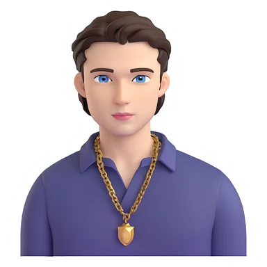 handsome male with intense blue-grey eyes, chiseled features, pale skin, confident smirk, dark brown styled hair, baddie energy, gold chain, stylish fitted shirt sticker
