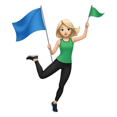 emoji style colorguard girl spinning a green and blue flag, dressed in black leggings and a green and blue top, dynamic movement sticker