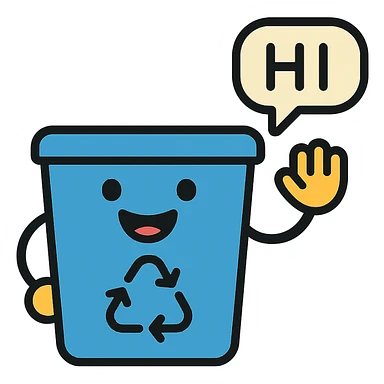 blue recycling bin with a big smile, saying 'hi' in a speech bubble sticker