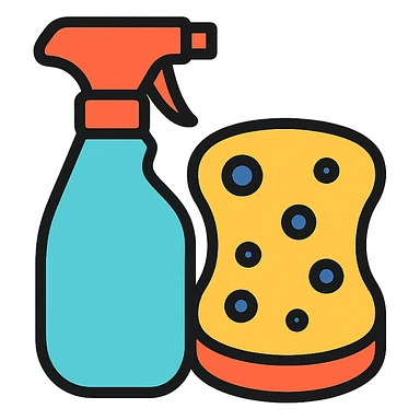 colorful icon of cleaning supplies, including spray bottle and sponge sticker