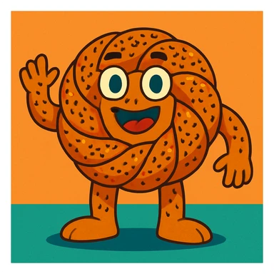 fantasy creature made of Turkish simit with sesame seeds, arms and legs, friendly monster face sticker
