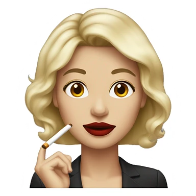 A woman with dark brown hair and blond highlights, red lipstick and an sigaret sticker