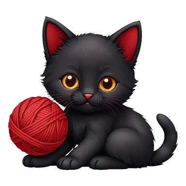 Black kitten playing with a ball of red yarn sticker