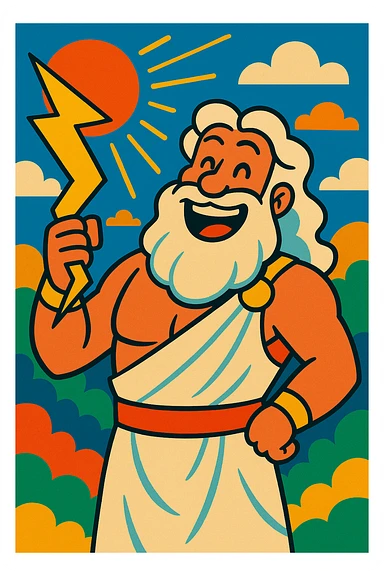 happy Zeus, the Greek god, vibrant cartoon style sticker