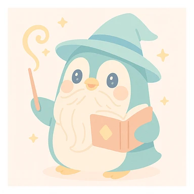 chubby penguin wizard casting a spell, with a long beard and a mystical book sticker