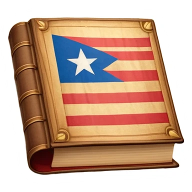 Ancient book with Puerto Rican flag on leather cover, theater curtain symbol carved in wood, warm vintage parchment textures, soft golden glow representing timelessness and theatrical heritage sticker
