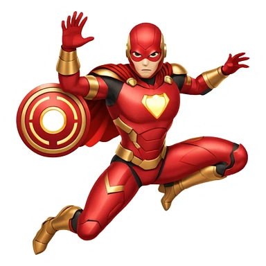 "A high-quality die-cut sticker of a tech-based armored superhero in a dynamic flying pose. Vibrant red and gold metallic plating, glowing circular chest piece, thick white border, flat vector art style, white background." sticker